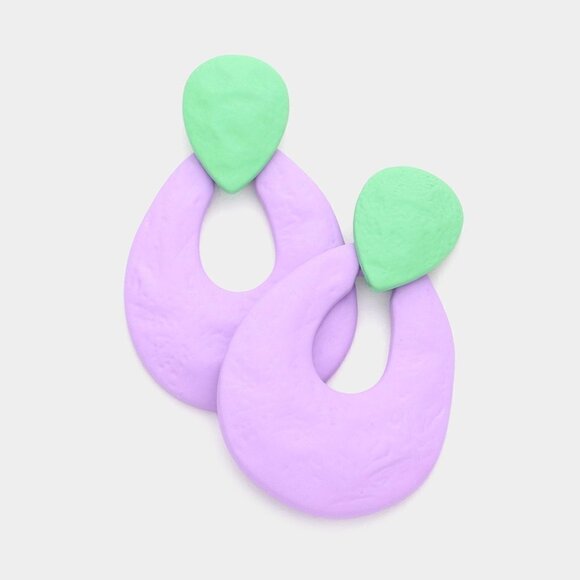 NWT Pastel Lavender Green Retro Oval Teardrop Clay Dangle Earrings - Picture 1 of 6